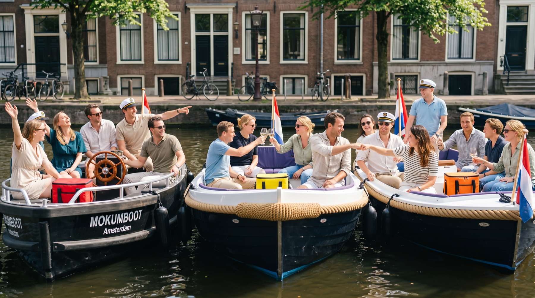 Bedrijfsuitje Amsterdam, teams op sloepen aan de kade voor de start van het Sloepenspel